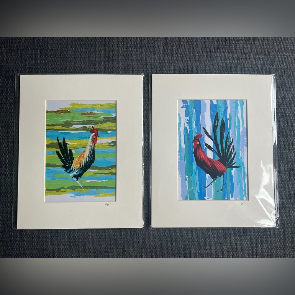 Dynamic Blue Green Red Rooster Duo Art Prints Lot of 2 8”x 10” with Mat